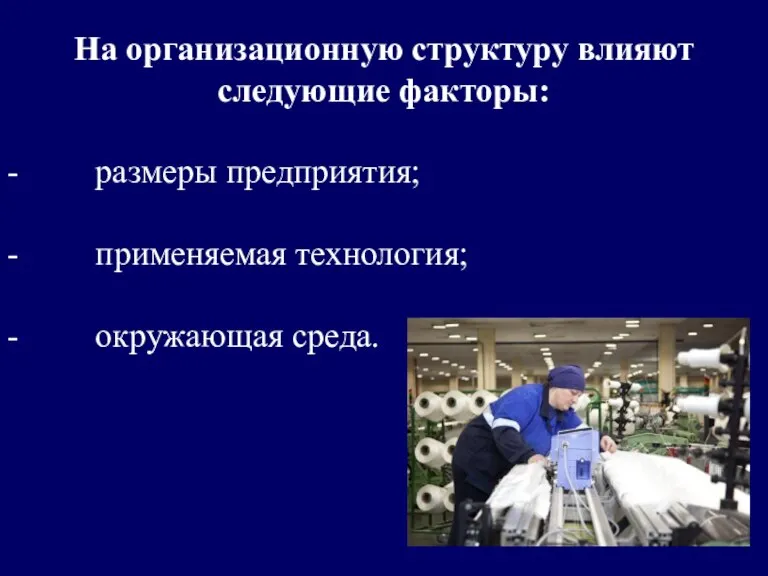 На организационную структуру влияют следующие факторы: - размеры предприятия; - применяемая технология; - окружающая среда.