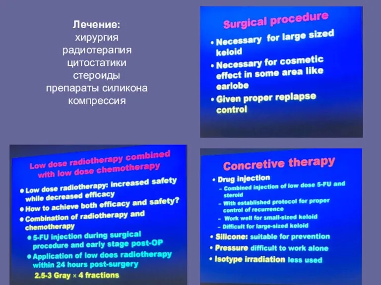 Лечение: хирургия радиотерапия цитостатики стероиды препараты силикона компрессия