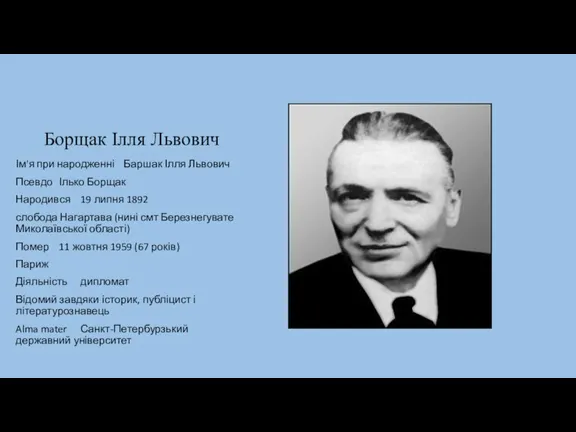 Борщак Ілля Львович Ім'я при народженні Баршак Ілля Львович Псевдо Ілько Борщак