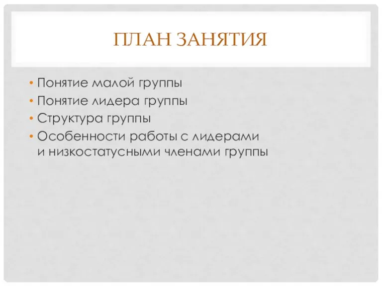 ПЛАН ЗАНЯТИЯ Понятие малой группы Понятие лидера группы Структура группы Особенности работы