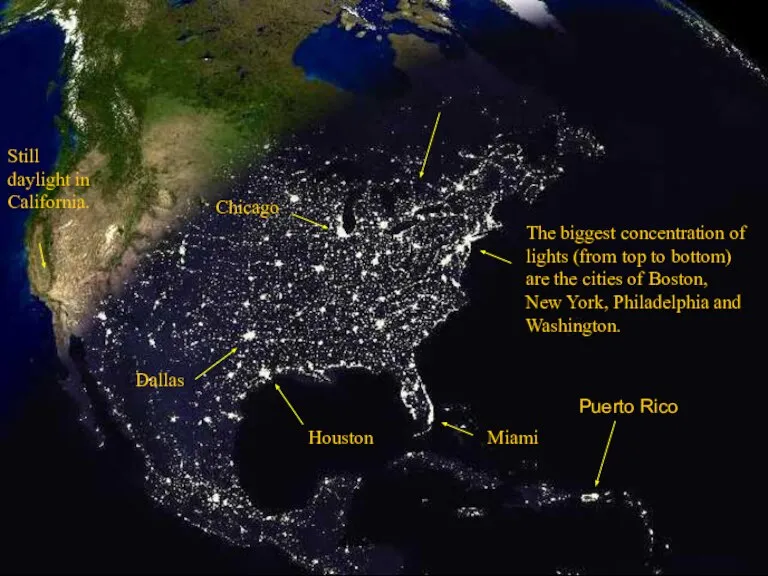 The biggest concentration of lights (from top to bottom) are the cities