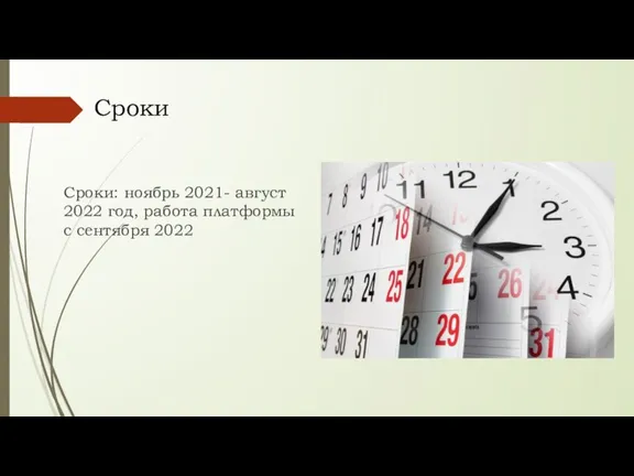 Сроки Сроки: ноябрь 2021- август 2022 год, работа платформы с сентября 2022