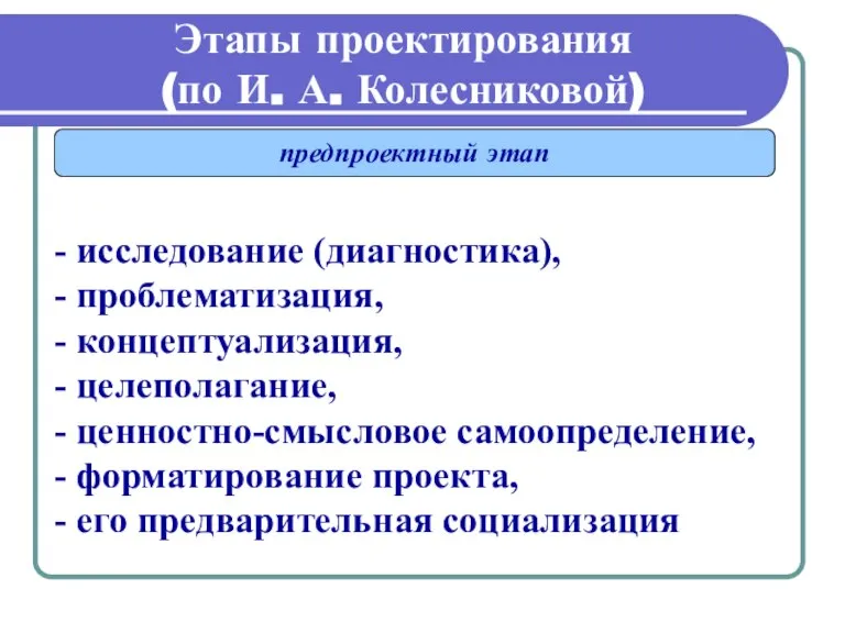 Этапы проектирования (по И. А. Колесниковой) предпроектный этап - исследование (диагностика), -