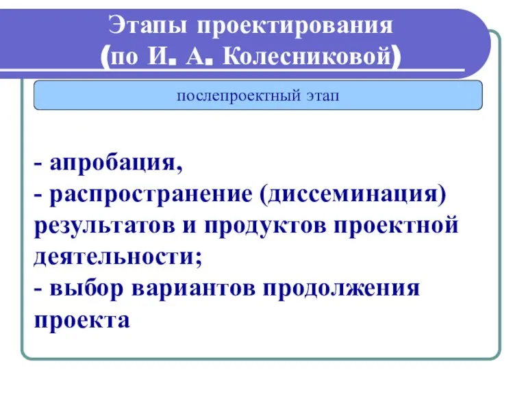 Этапы проектирования (по И. А. Колесниковой) послепроектный этап - апробация, - распространение