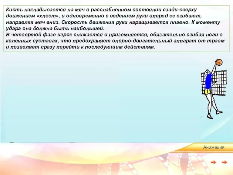 Кисть накладывается на мяч в расслабленном состоянии сзади-сверху движением «хлест», и одновременно