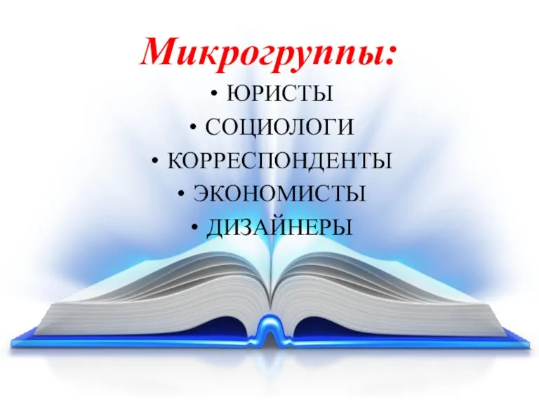 Микрогруппы: ЮРИСТЫ СОЦИОЛОГИ КОРРЕСПОНДЕНТЫ ЭКОНОМИСТЫ ДИЗАЙНЕРЫ