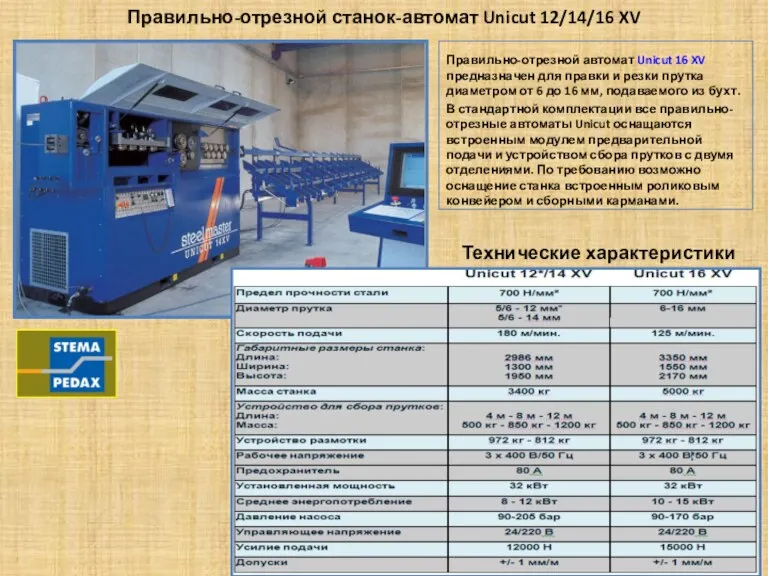 Правильно-отрезной станок-автомат Unicut 12/14/16 XV Технические характеристики Правильно-отрезной автомат Unicut 16 XV