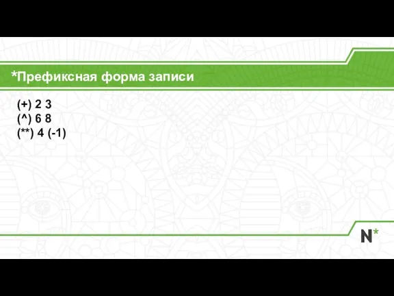 Префиксная форма записи (+) 2 3 (^) 6 8 (**) 4 (-1)