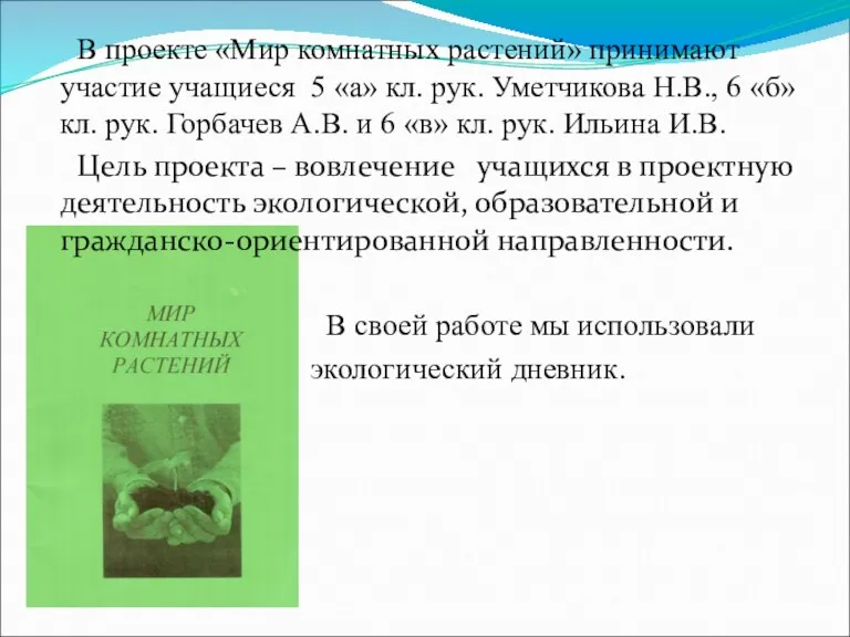 В проекте «Мир комнатных растений» принимают участие учащиеся 5 «а» кл. рук.