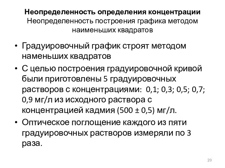 Неопределенность определения концентрации Неопределенность построения графика методом наименьших квадратов Градуировочный график строят