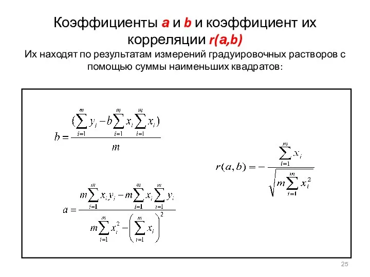 Коэффициенты а и b и коэффициент их корреляции r(а,b) Их находят по