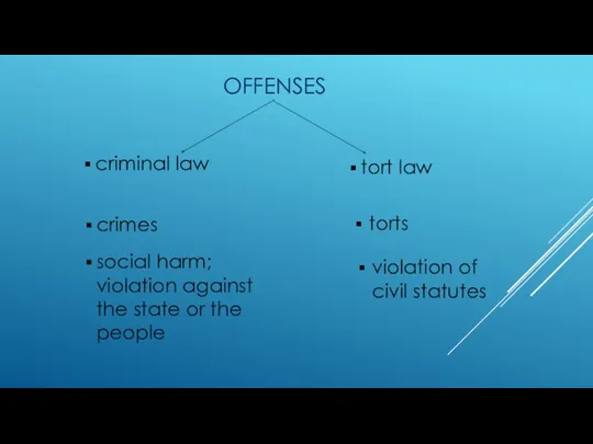 OFFENSES crimes torts criminal law tort law social harm; violation against the