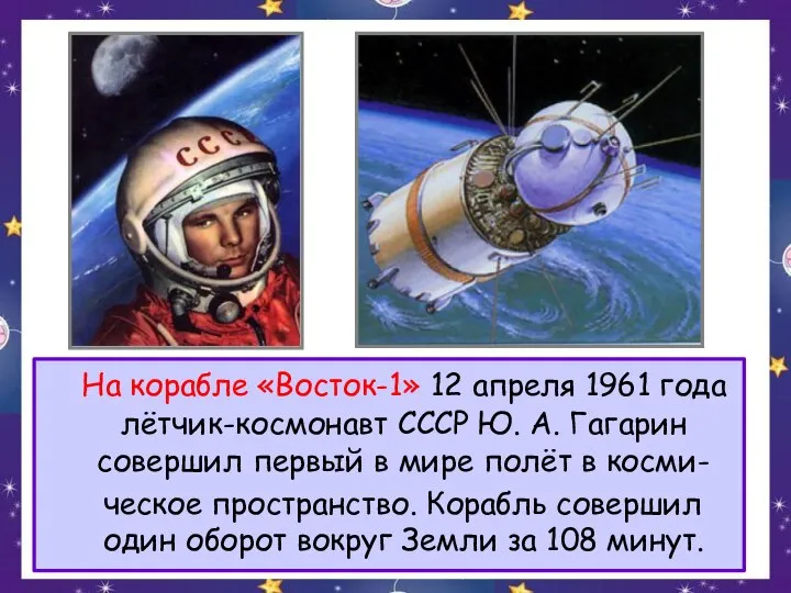 На корабле «Восток-1» 12 апреля 1961 года лётчик-космонавт СССР Ю. А. Гагарин
