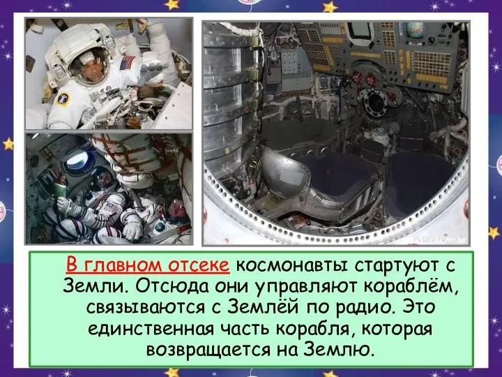 В главном отсеке космонавты стартуют с Земли. Отсюда они управляют кораблём, связываются