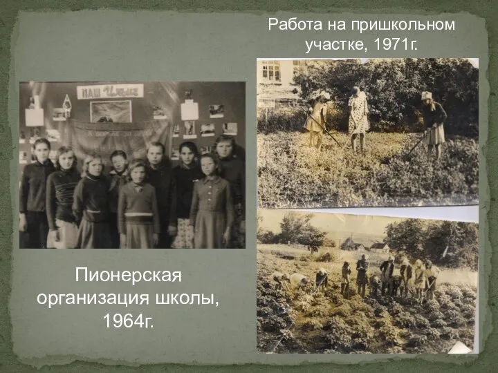 Работа на пришкольном участке, 1971г. Пионерская организация школы, 1964г.