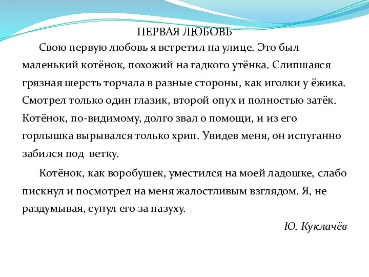 ПЕРВАЯ ЛЮБОВЬ Свою первую любовь я встретил на улице. Это был маленький