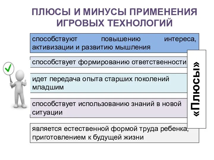 ПЛЮСЫ И МИНУСЫ ПРИМЕНЕНИЯ ИГРОВЫХ ТЕХНОЛОГИЙ «Плюсы»