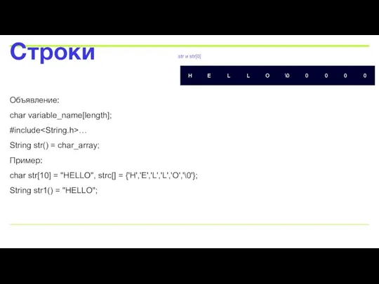 Объявление: char variable_name[length]; #include … String str() = char_array; Пример: char str[10]