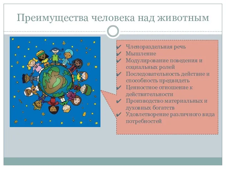 Преимущества человека над животным Членораздельная речь Мышление Модулирование поведения и социальных ролей