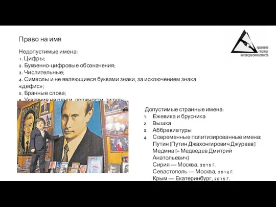 Право на имя Недопустимые имена: 1. Цифры; 2. Буквенно-цифровые обозначения; 3. Числительные;