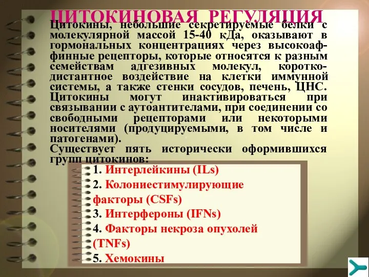 ЦИТОКИНОВАЯ РЕГУЛЯЦИЯ Цитокины, небольшие секретируемые белки с молекулярной массой 15-40 кДа, оказывают