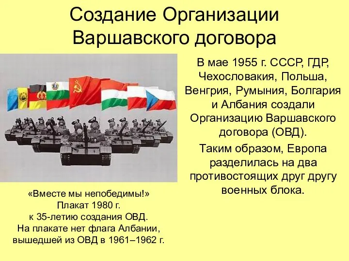 Создание Организации Варшавского договора В мае 1955 г. СССР, ГДР, Чехословакия, Польша,