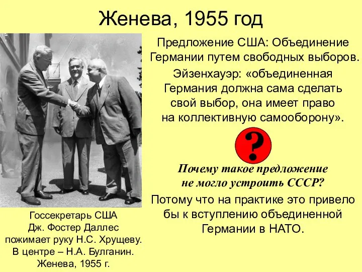 Женева, 1955 год Предложение США: Объединение Германии путем свободных выборов. Эйзенхауэр: «объединенная