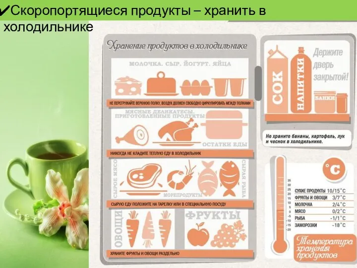 Скоропортящиеся продукты – хранить в холодильнике