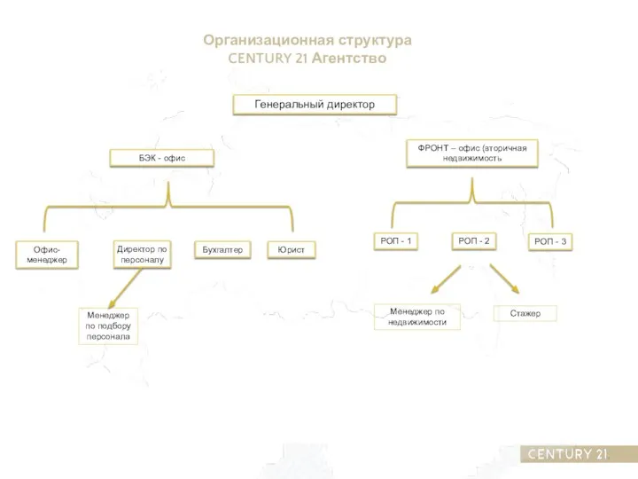 Организационная структура CENTURY 21 Агентство Генеральный директор Офис-менеджер Директор по персоналу Юрист