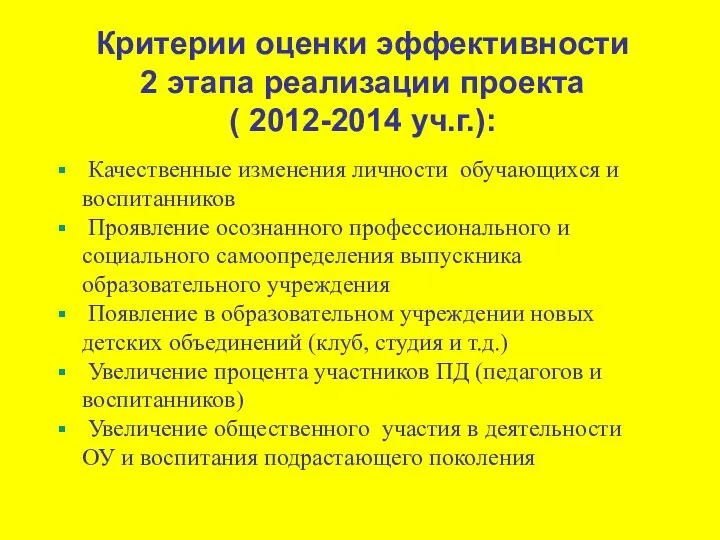 Критерии оценки эффективности 2 этапа реализации проекта ( 2012-2014 уч.г.): Качественные изменения