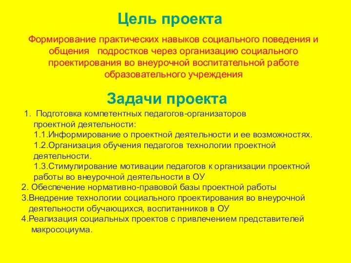 Цель проекта Формирование практических навыков социального поведения и общения подростков через организацию