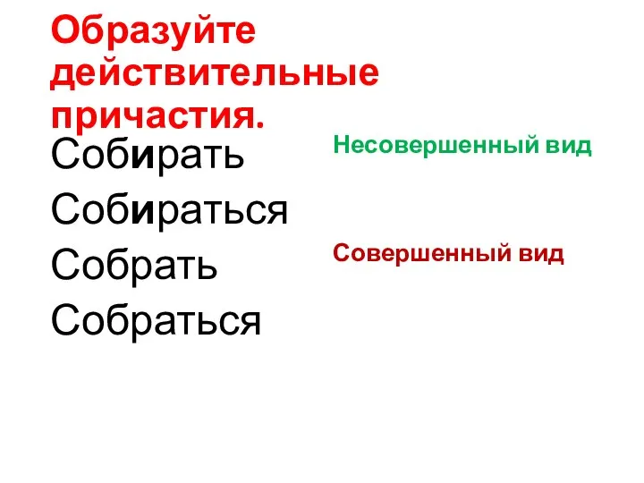 Образуйте действительные причастия. Собирать Собираться Собрать Собраться Несовершенный вид Совершенный вид