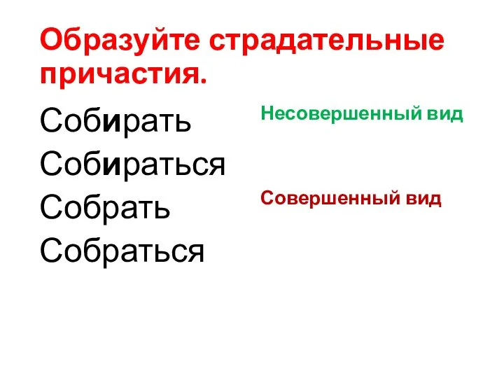 Образуйте страдательные причастия. Собирать Собираться Собрать Собраться Несовершенный вид Совершенный вид