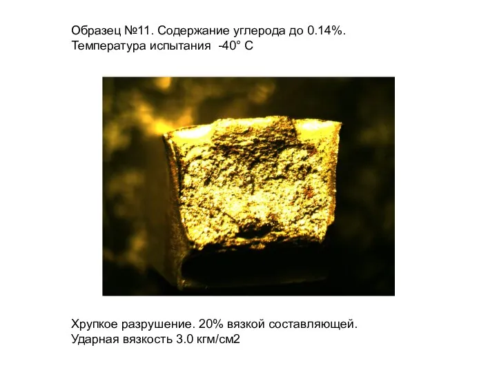 Образец №11. Содержание углерода до 0.14%.Температура испытания -40° С Хрупкое разрушение. 20%