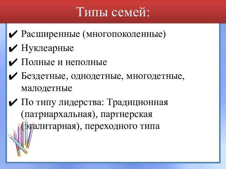 Типы семей: Расширенные (многопоколенные) Нуклеарные Полные и неполные Бездетные, однодетные, многодетные, малодетные