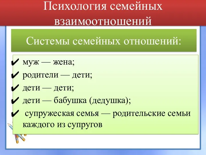 Психология семейных взаимоотношений муж — жена; родители — дети; дети — дети;