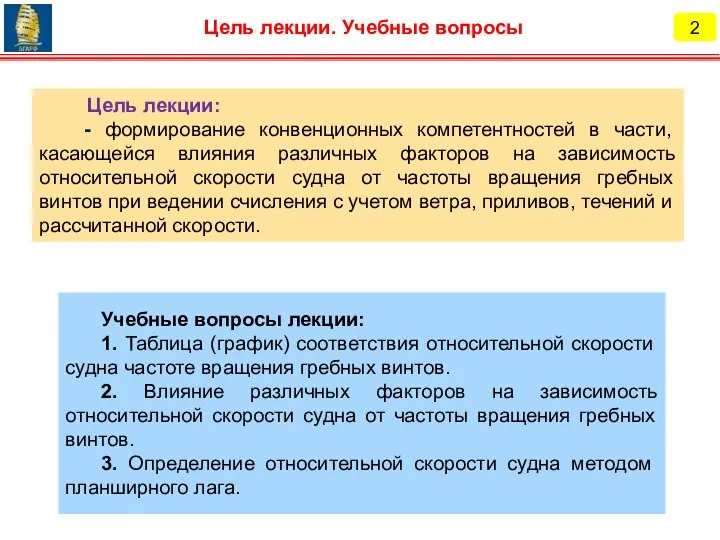 Учебные вопросы лекции: 1. Таблица (график) соответствия относительной скорости судна частоте вращения