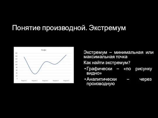 Понятие производной. Экстремум Экстремум – минимальная или максимальная точка Как найти экстремум?