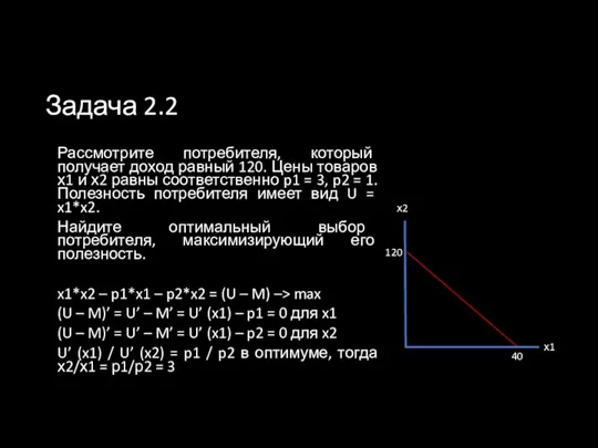 Задача 2.2 Рассмотрите потребителя, который получает доход равный 120. Цены товаров х1