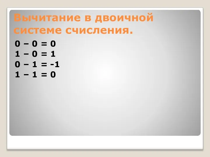 Вычитание в двоичной системе счисления. 0 – 0 = 0 1 –