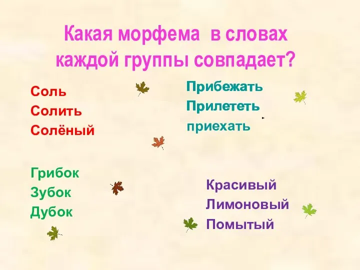 Какая морфема в словах каждой группы совпадает? Соль Солить Солёный Прибежать Прилететь