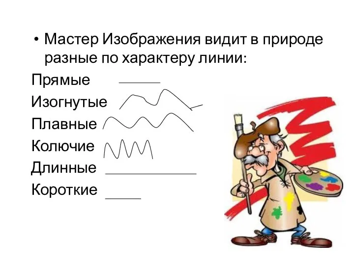 Мастер Изображения видит в природе разные по характеру линии: Прямые Изогнутые Плавные Колючие Длинные Короткие