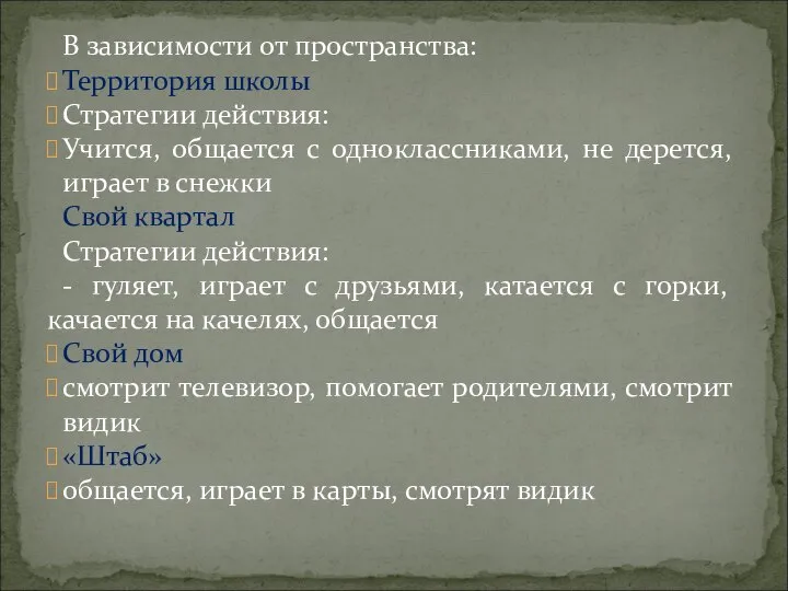 В зависимости от пространства: Территория школы Стратегии действия: Учится, общается с одноклассниками,