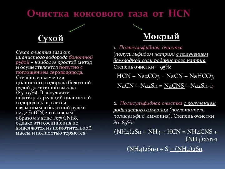 Очистка коксового газа от HCN Сухой Мокрый Сухая очистка газа от цианистого