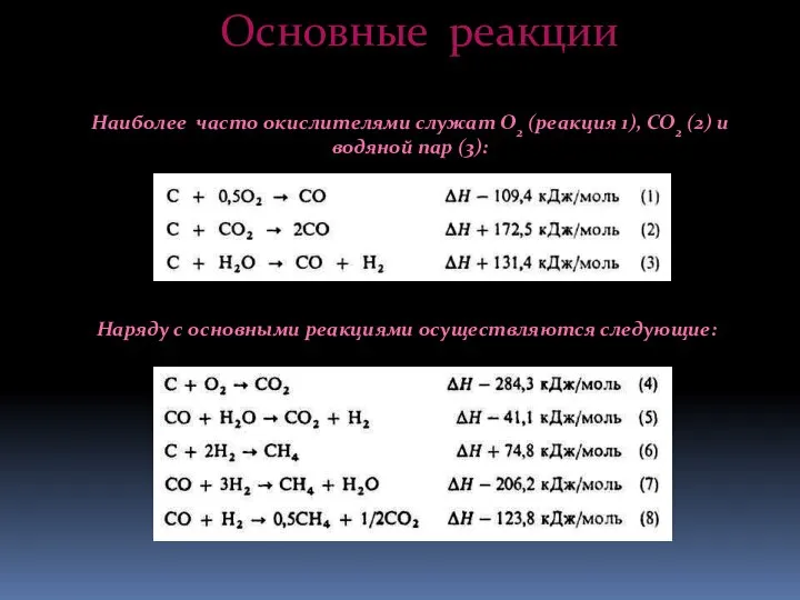 Основные реакции Наиболее часто окислителями служат О2 (реакция 1), СО2 (2) и
