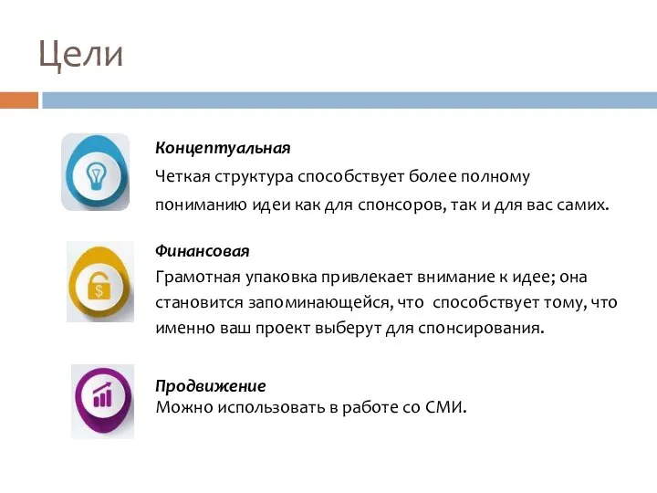 Цели Концептуальная Четкая структура способствует более полному пониманию идеи как для спонсоров,