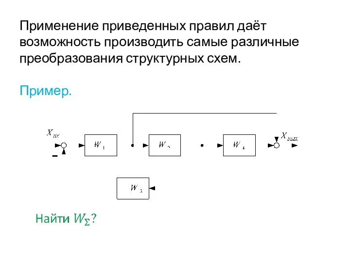 Применение приведенных правил даёт возможность производить самые различные преобразования структурных схем. Пример.