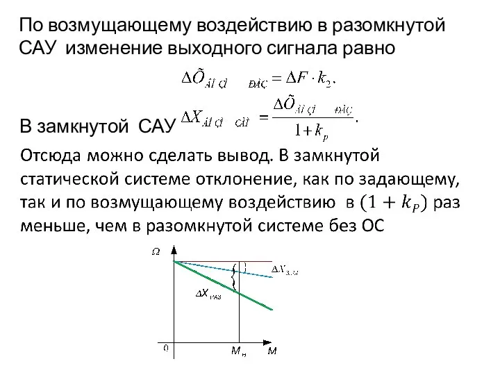 По возмущающему воздействию в разомкнутой САУ изменение выходного сигнала равно В замкнутой САУ