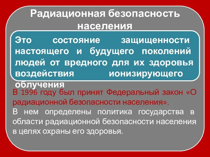 Радиационная безопасность населения Это состояние защищенности настоящего и будущего поколений людей от