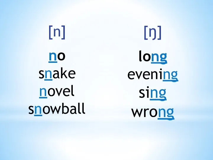 [n] no snake novel snowball [ŋ] long evening sing wrong